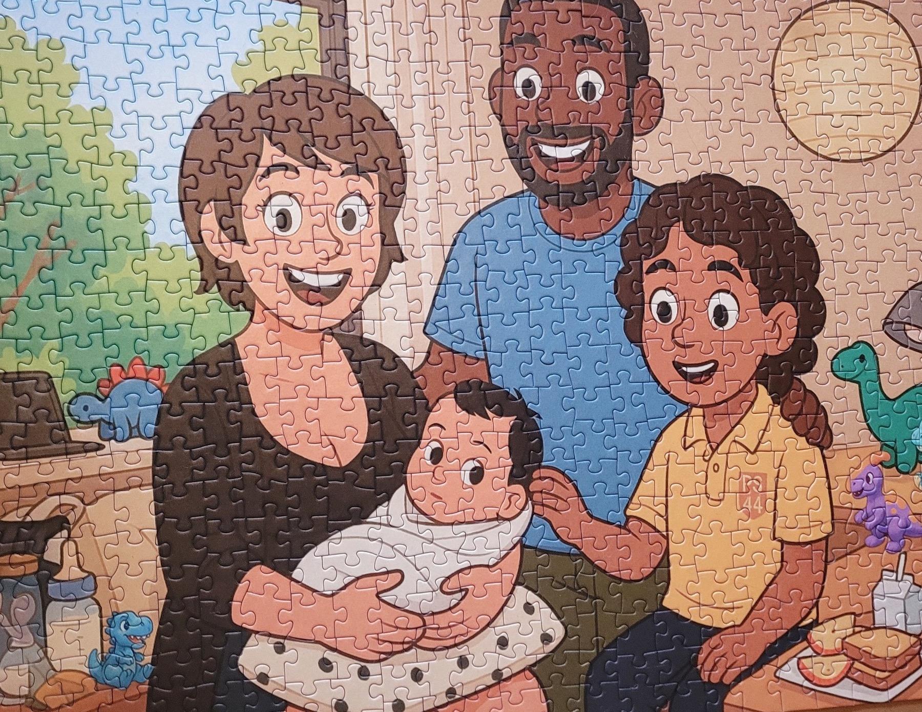 Custom photo puzzle of a family in cartoon art style, on a cream rug.